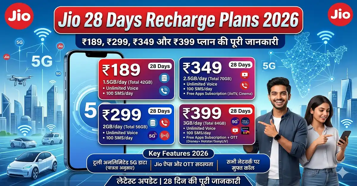 Jio 28 Days Recharge Plan 2026: ₹189, ₹299, ₹349 और ₹399 प्लान की पूरी जानकारी